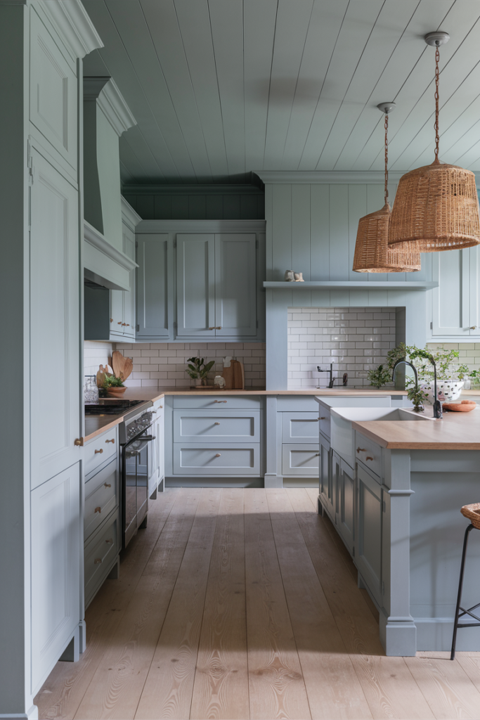 Serene coastal-style kitchen with dusty blue walls