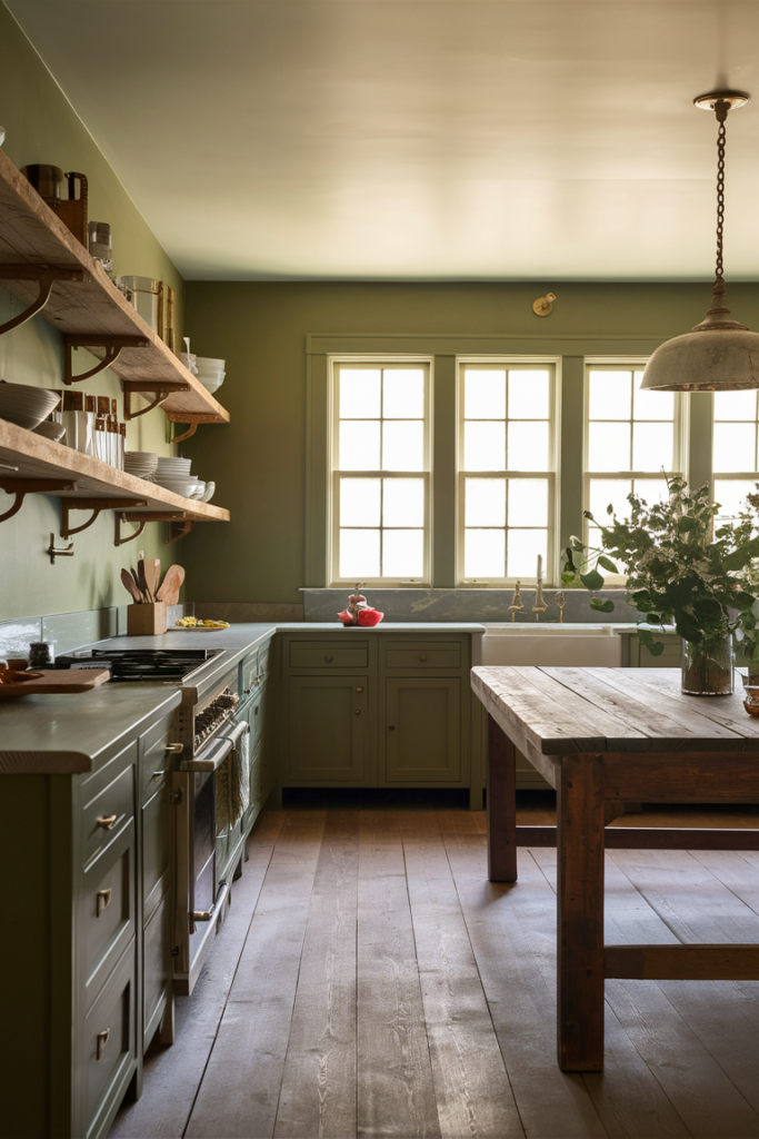 Warm inviting kitchen featuring olive green cabinetry