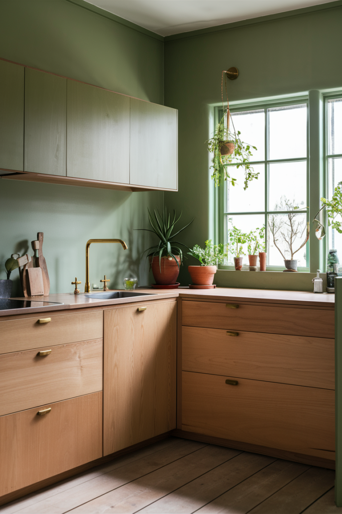 Serene Japandi-inspired kitchen painted in sage green