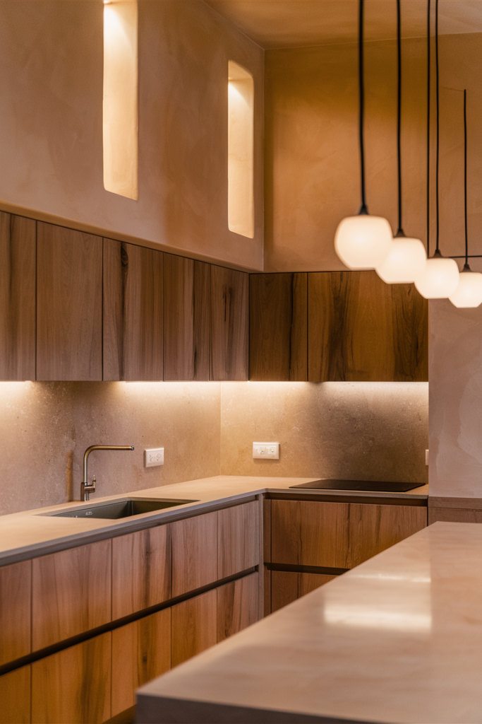 Modern kitchen design featuring warm beige walls