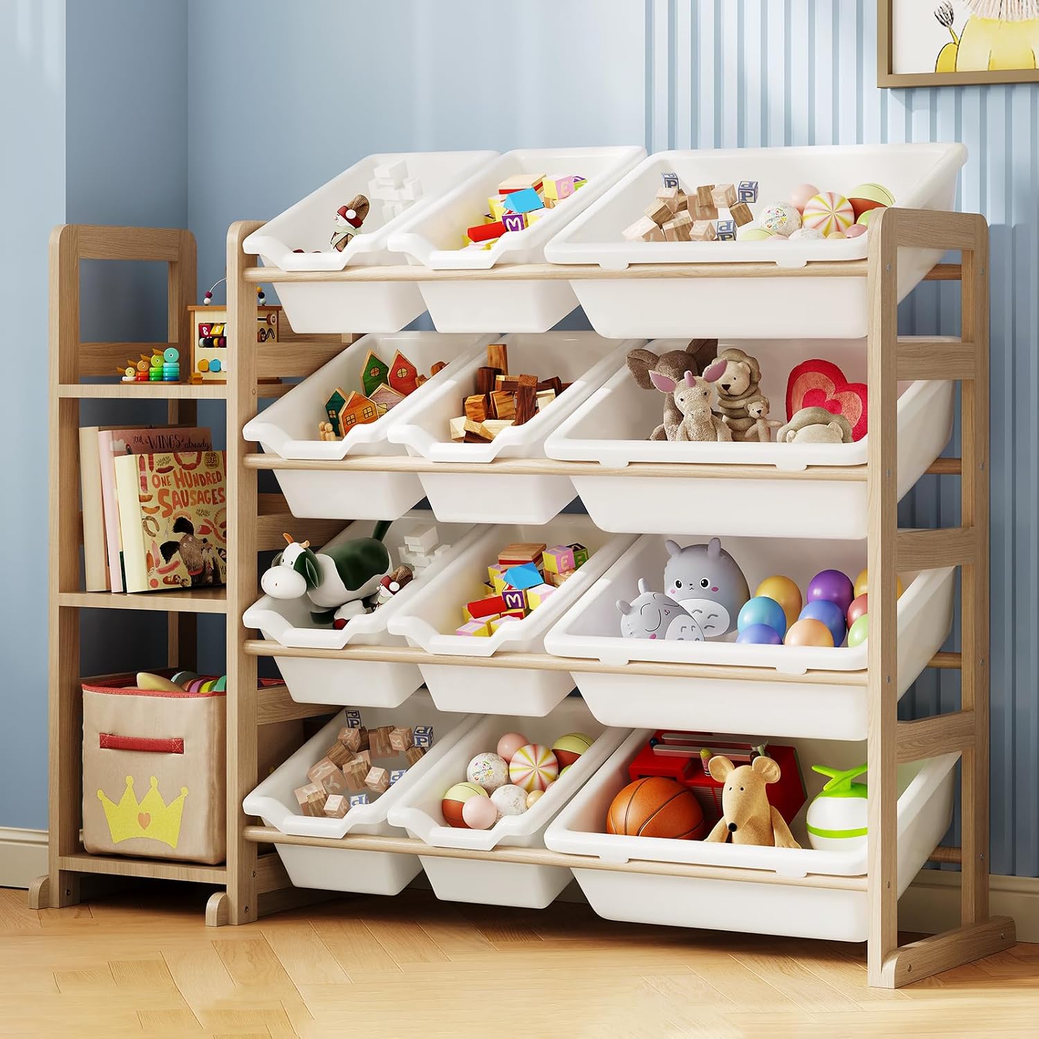 EXPERLAM Kids Toy Storage Organizer, 3-Tier Bookshelf with 12 Storage Bins