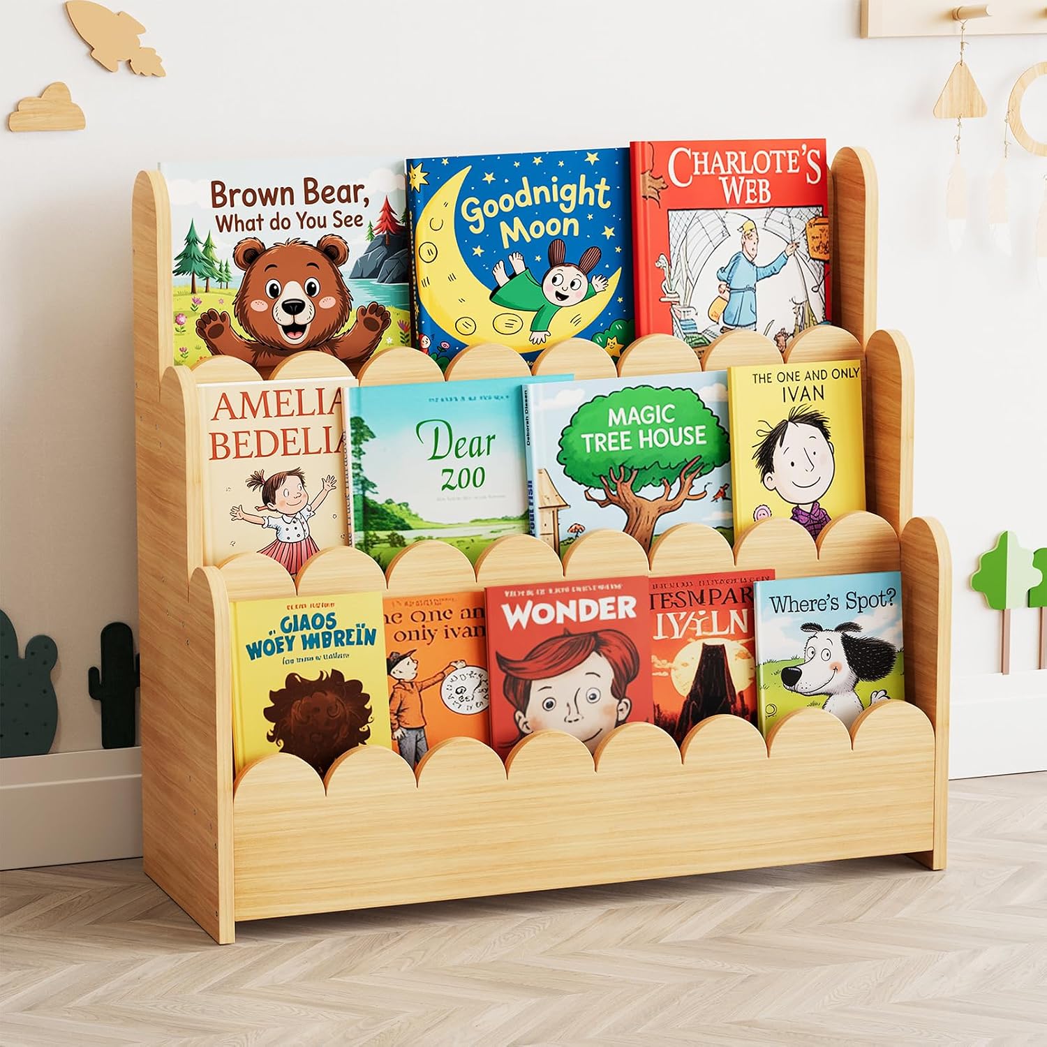 SpaceAid 3-Tier Scalloped Montessori Bookshelf for Toddlers, Wooden Book Display