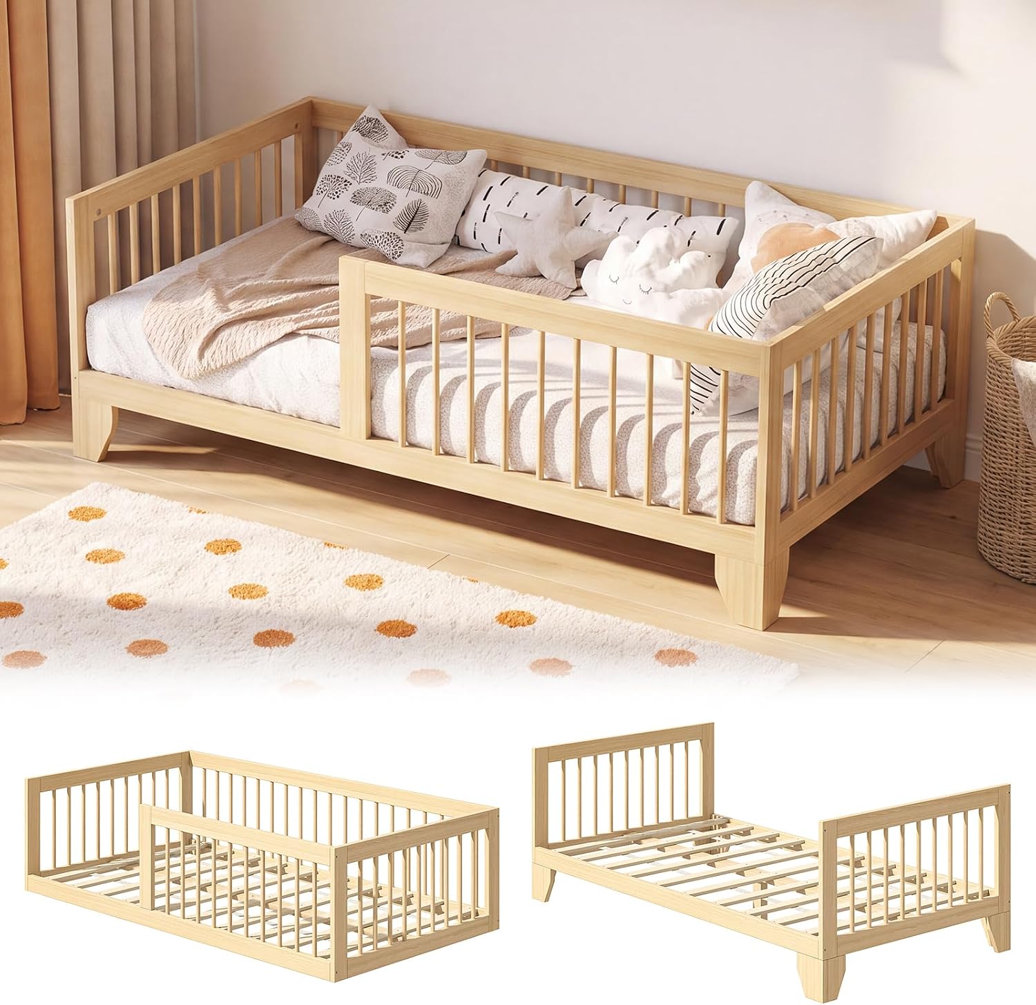EXPERLAM Twin Montessori Floor Bed for Kids, Removable Rails, Natural Wood