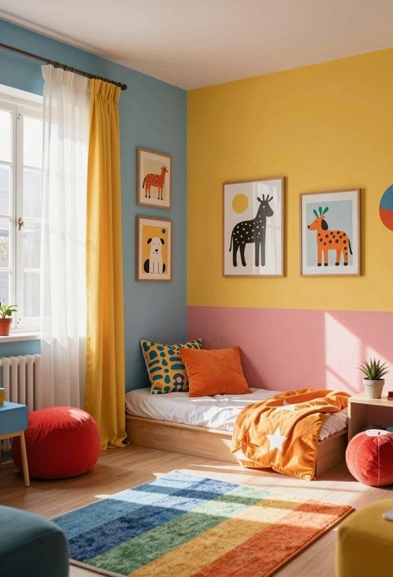 Toddler bedroom with color-blocked blue, yellow and pink walls, framed animal art prints, a low bed and a rainbow striped rug