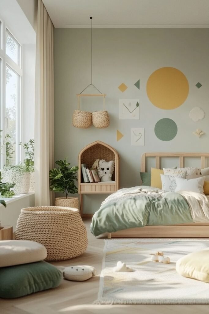 Sage green toddler bedroom with mustard and olive geometric wall decals, a wood bed with green bedding and a woven storage basket