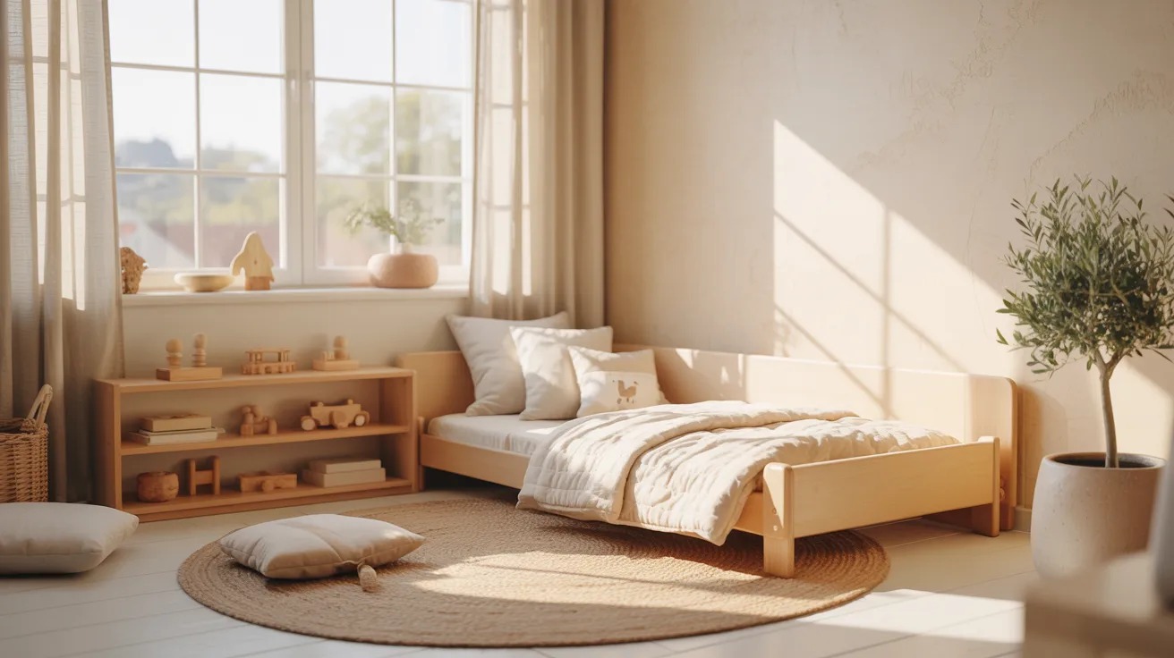 Warm Montessori-style toddler bedroom with a low wood floor bed, open shelf of wooden toys and a round jute rug by a sunny window