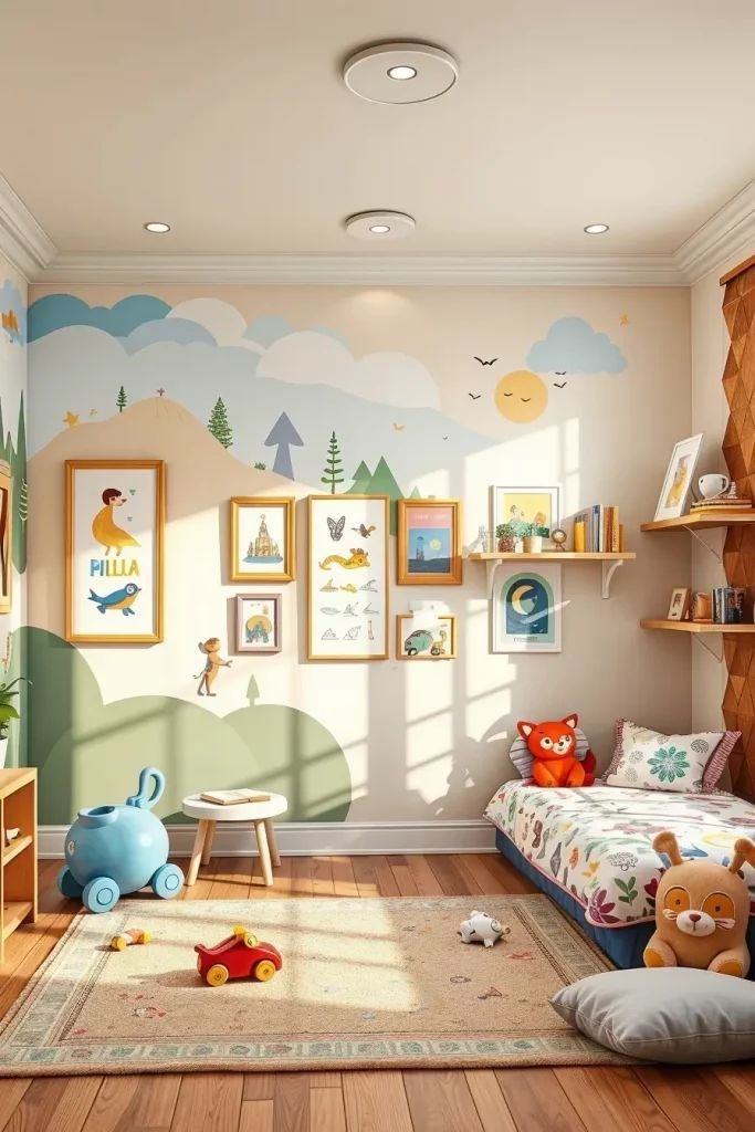 Toddler bedroom with a soft cloud and mountain wall mural, a gallery of small framed character prints and a floral bed with plush toys