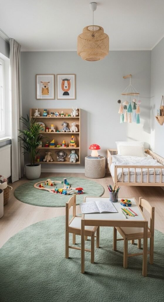 Gray and sage green toddler playroom with a low play table, open bookshelf filled with toys, a mushroom-shaped lamp and a hanging mobile