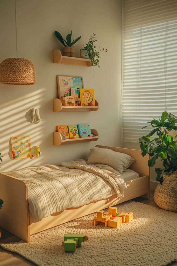 Minimalist toddler bedroom with a light wood bed, three floating picture-ledge shelves holding books and toys, and a woven pendant light