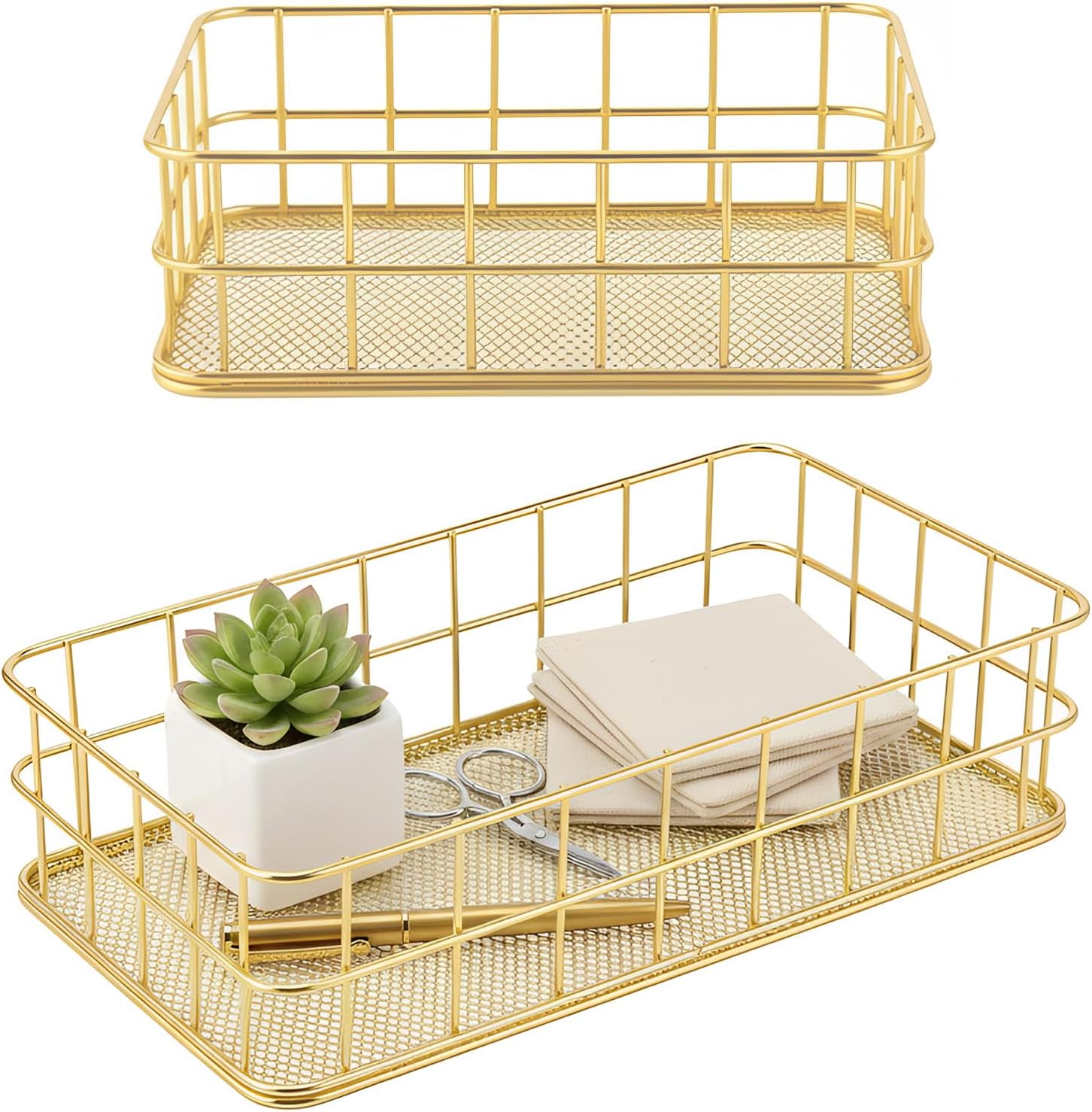 2Pcs Gold Wire Baskets, Large Small Mesh Organizer for Wedding Bath Desk