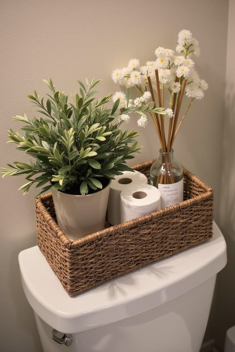Woven basket holding a plant, toilet paper and a reed diffuser on a toilet tank