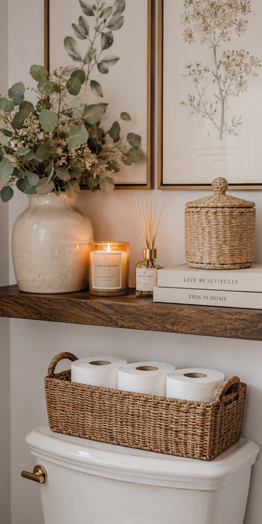 Stacked decorative books topped with a woven jar on a shelf above a toilet