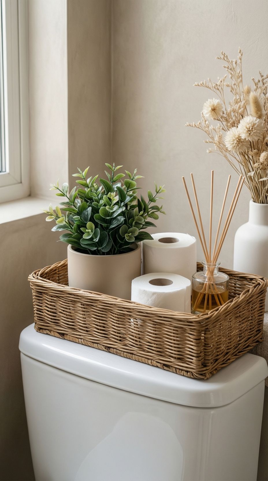 Woven basket with a potted plant, toilet paper rolls and dried flowers on a toilet tank