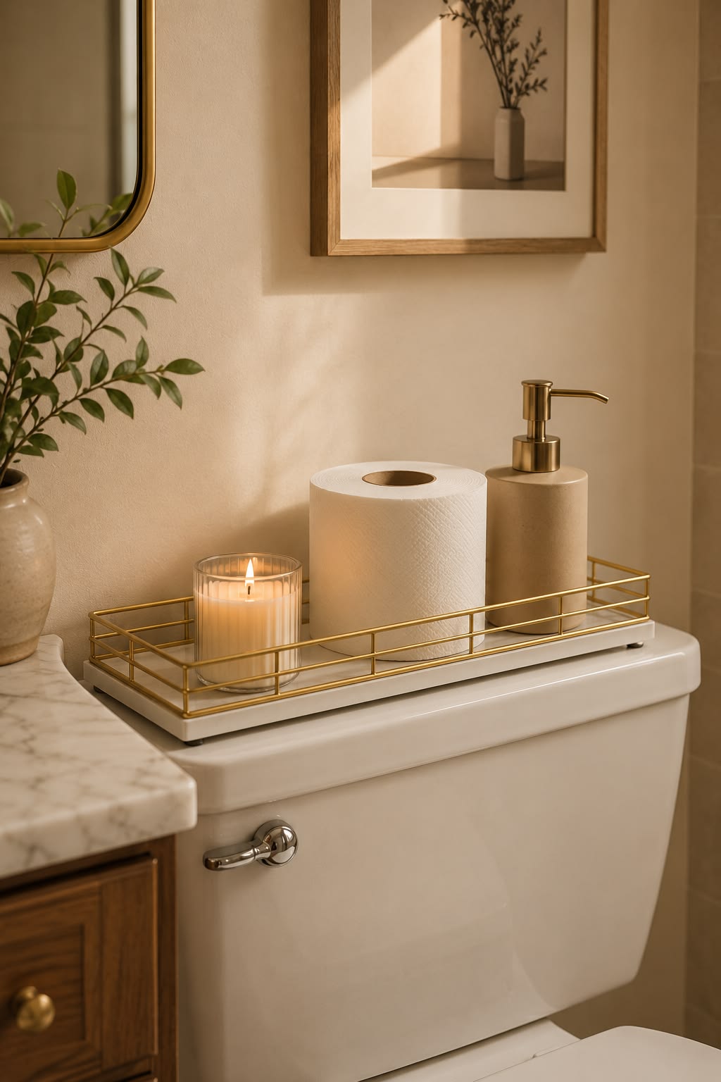 Gold wire tray with a candle, toilet paper roll and soap dispenser on a toilet tank