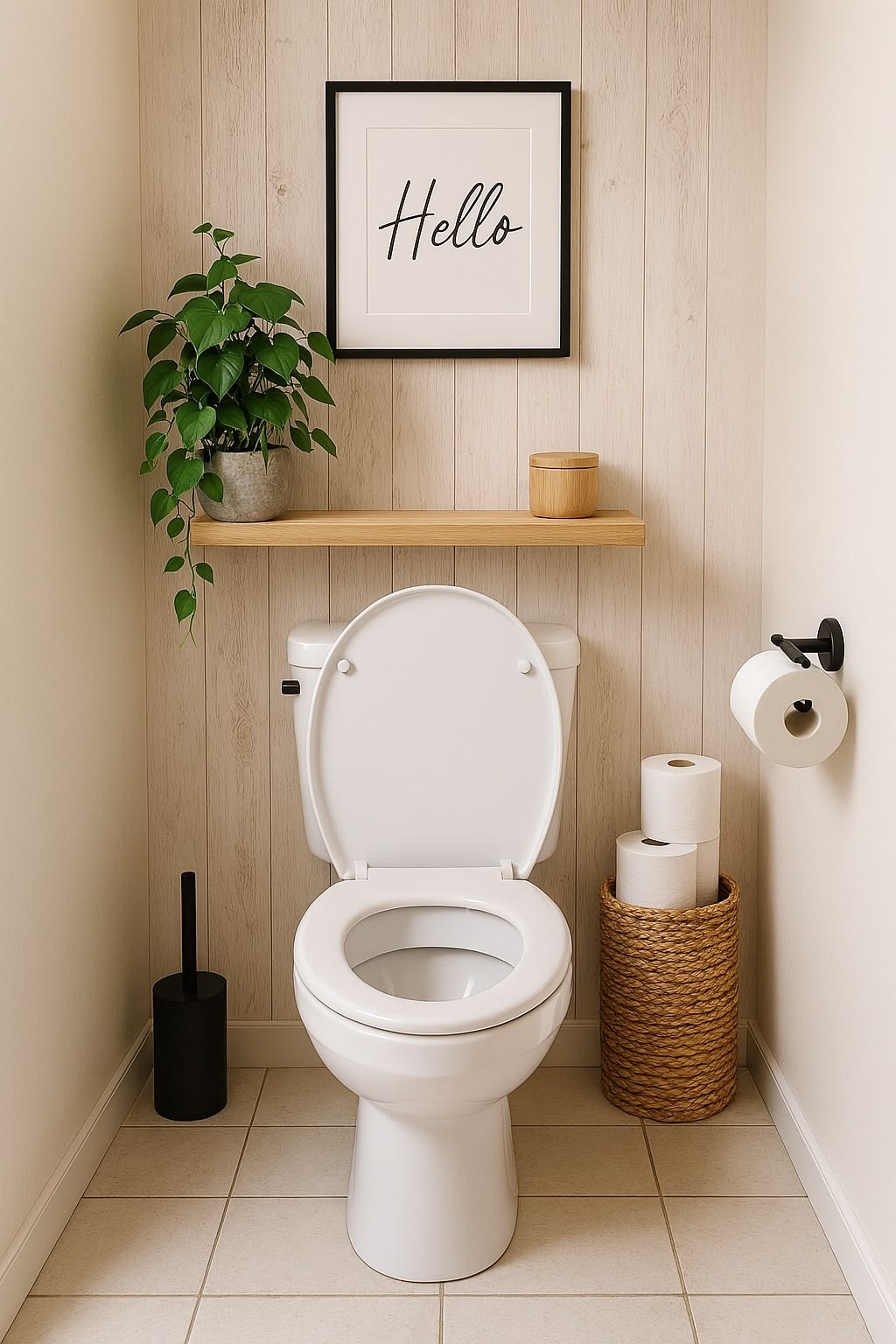 Floating shelf above a toilet styled with a framed Hello print and a potted plant