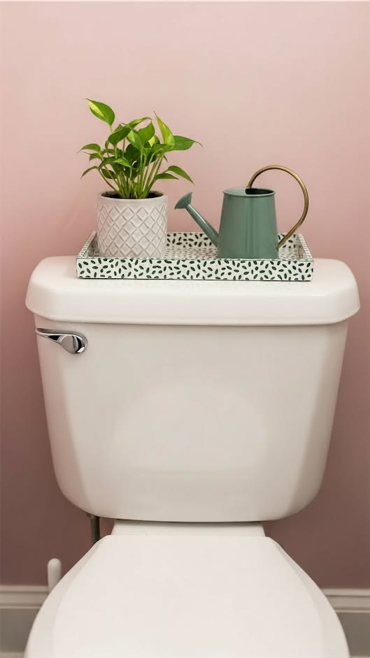 Patterned tray with a small potted plant and a watering can on a toilet tank in a pink bathroom