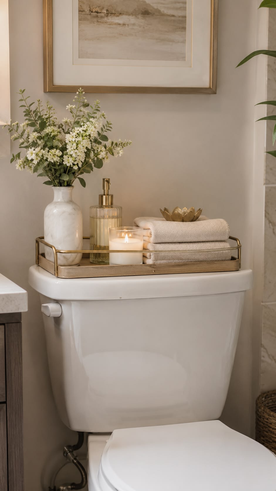 Marble vase with white flowering stems and a candle styled simply on a toilet tank tray