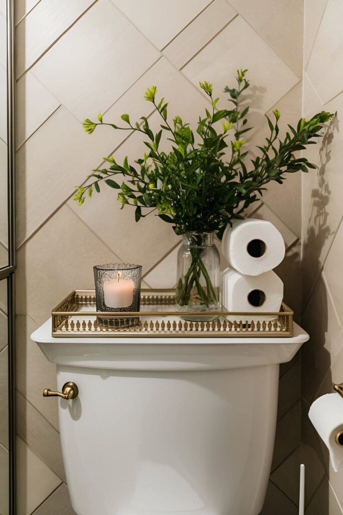 Gold tray with a candle and glass vase of greenery on a toilet tank against herringbone tile