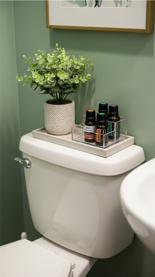 Stone tray with a faux plant and essential oils on a toilet tank in a green bathroom