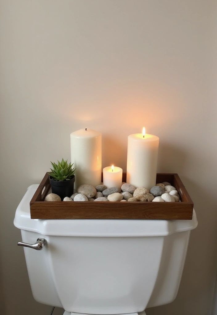 Wooden tray with river stones, layered candles and a small succulent on a toilet tank