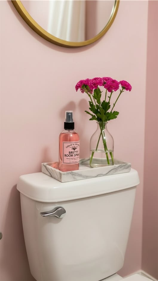 White marble tray with a glass vase of pink flowers on a toilet tank in a pink bathroom