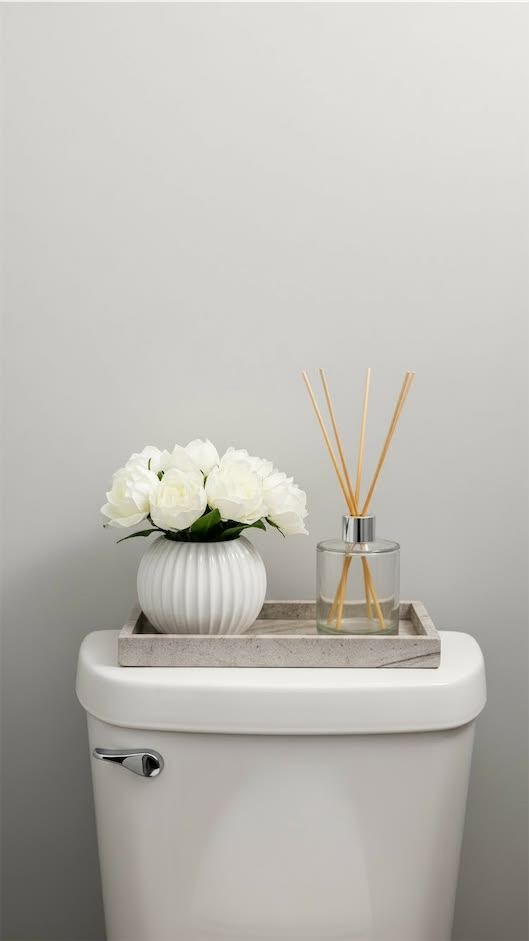 White ceramic vase with flowers and a reed diffuser on a stone tray on a toilet tank