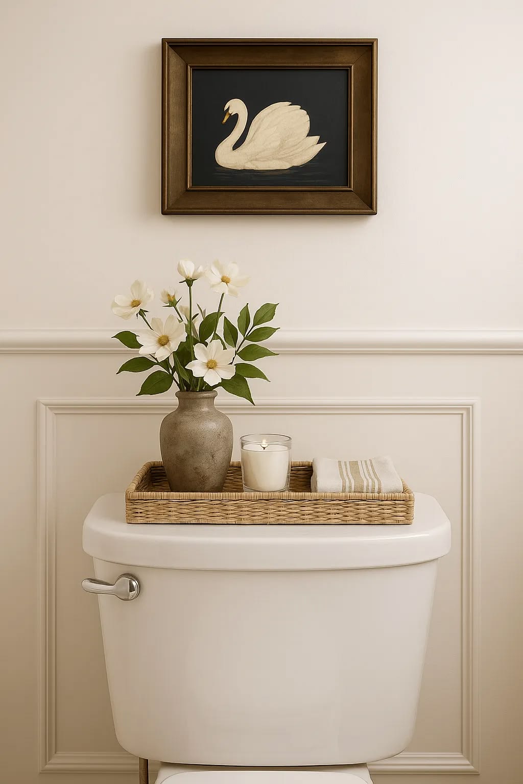 Stone ceramic vase with white flowers and a candle on a woven tray on a toilet tank