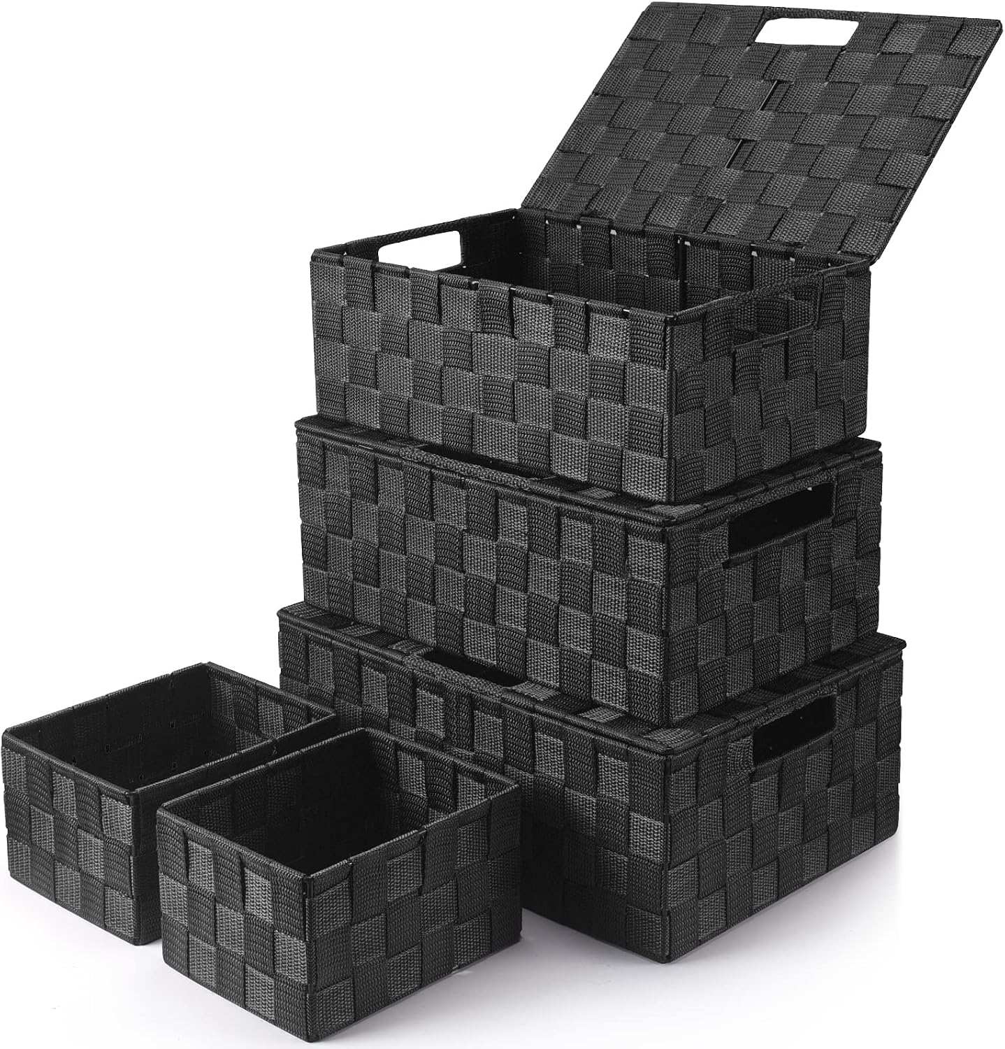 Stackable Woven Storage Baskets with Lids, 5 Pack, Black