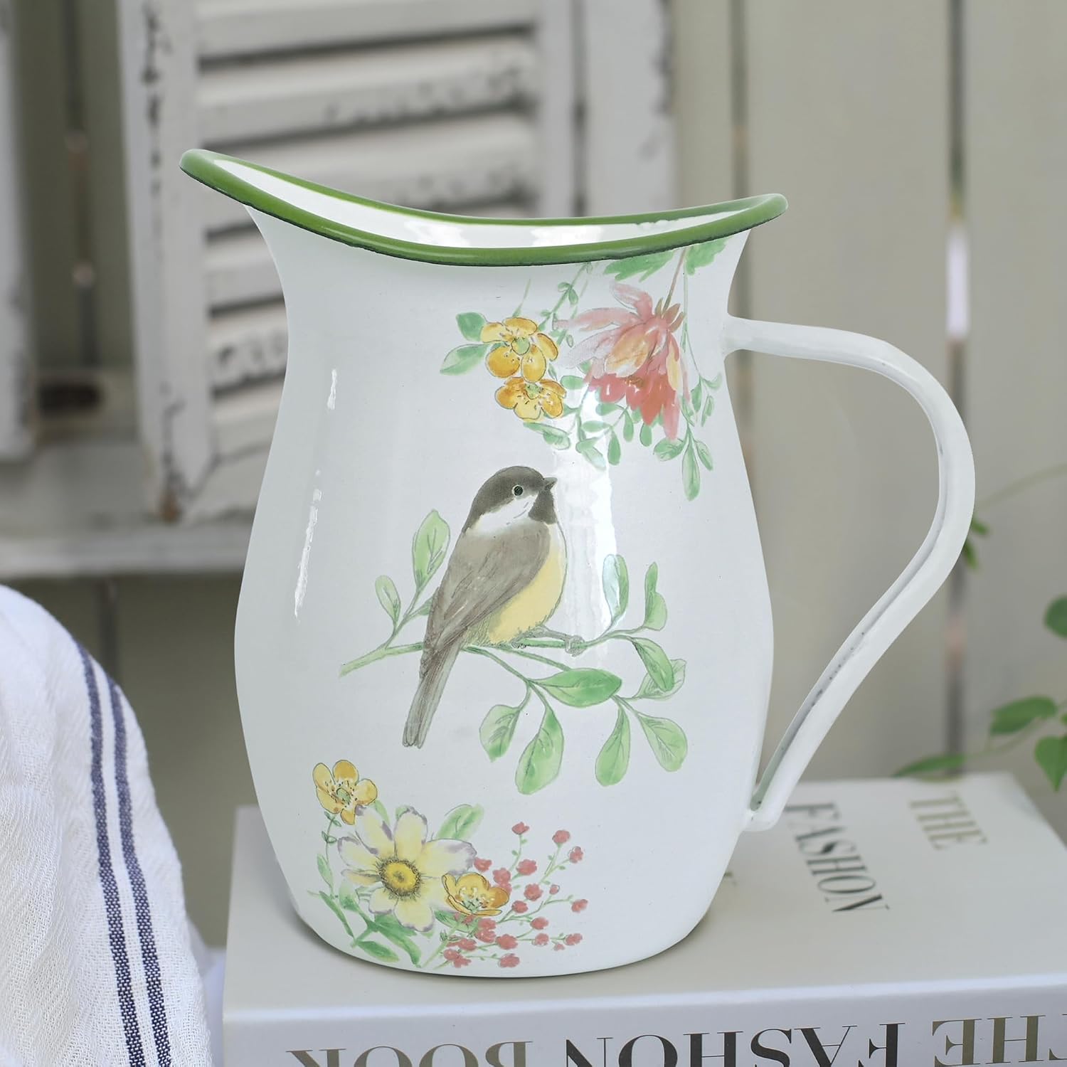 Vintage Enamel Pitcher with Wide Handle, Farmhouse Metal Pitcher Vase