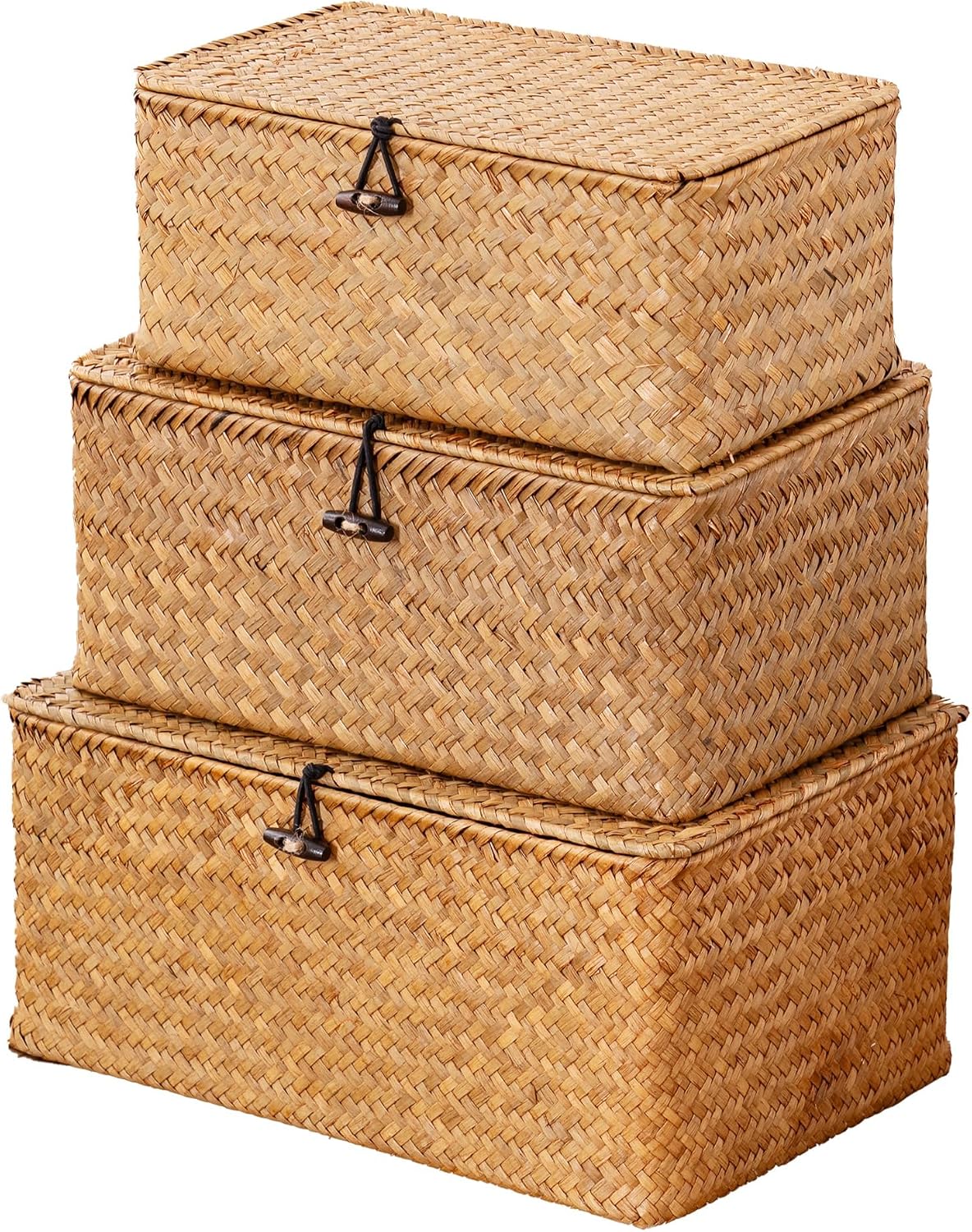 Nonam Seagrass Wicker Storage Baskets with Lids, Set of 3, Natural