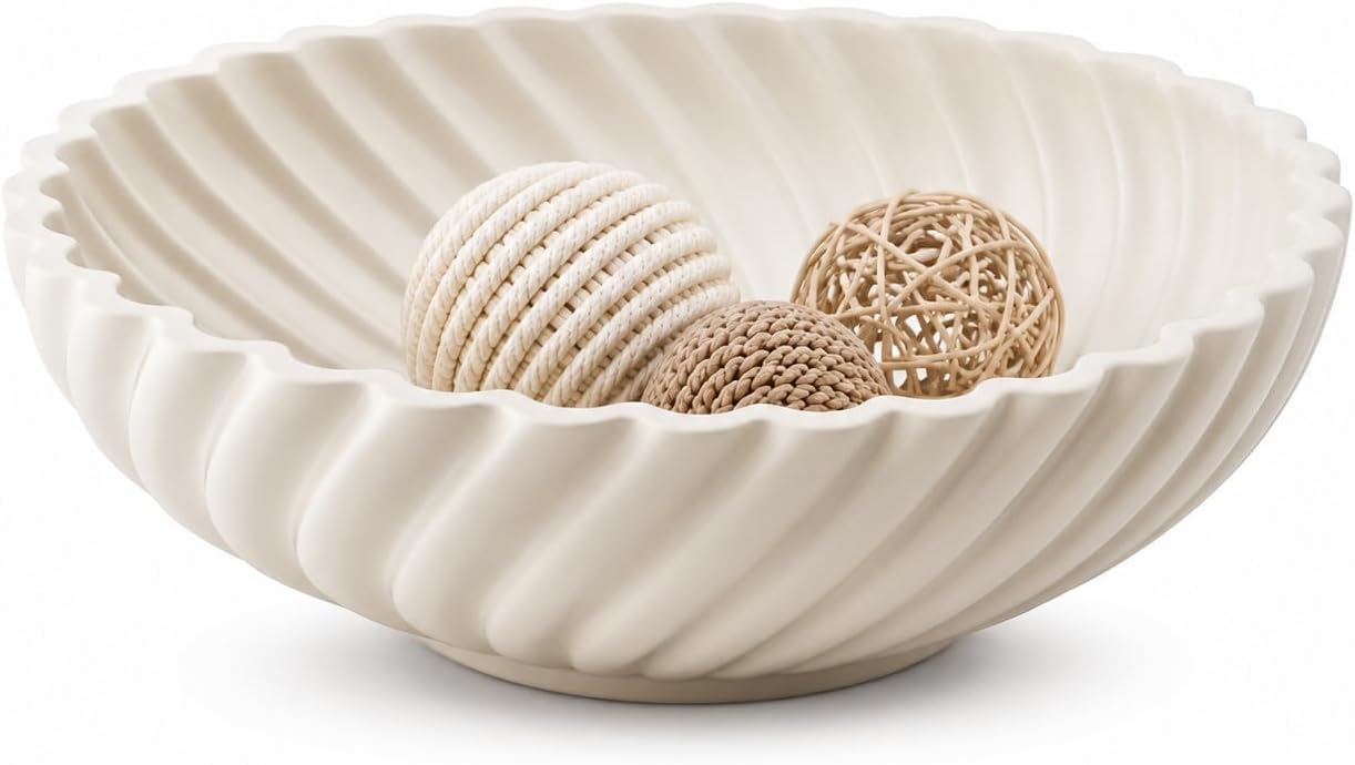 Ceramic Decorative Bowl, 10 Inch, Scalloped Fruit Bowl for Kitchen Counter