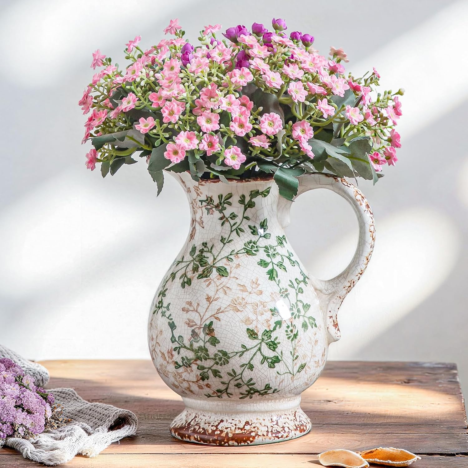 Enra Vintage Green Floral Ceramic Pitcher Vase with Handle