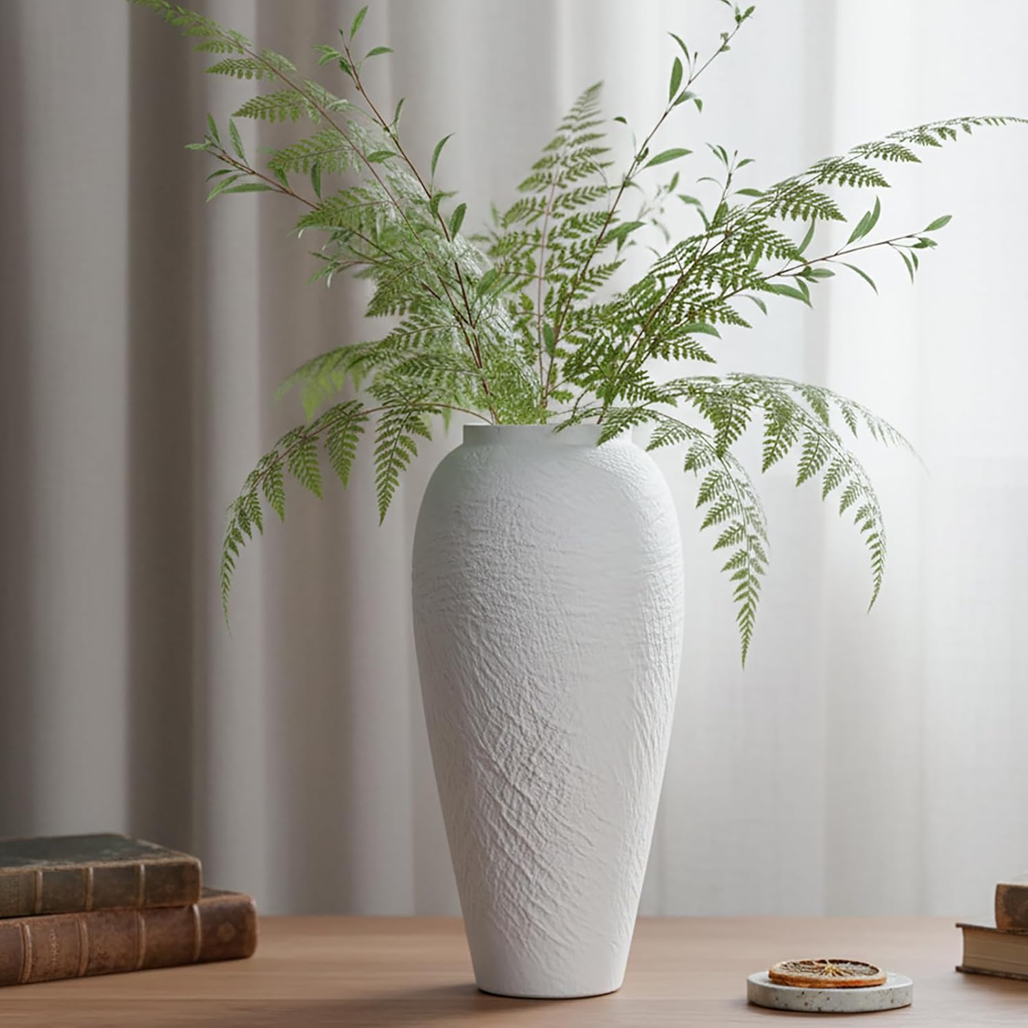 Large White Textured Ceramic Vase, 12.6 Inch Tall, Minimalist Home Decor