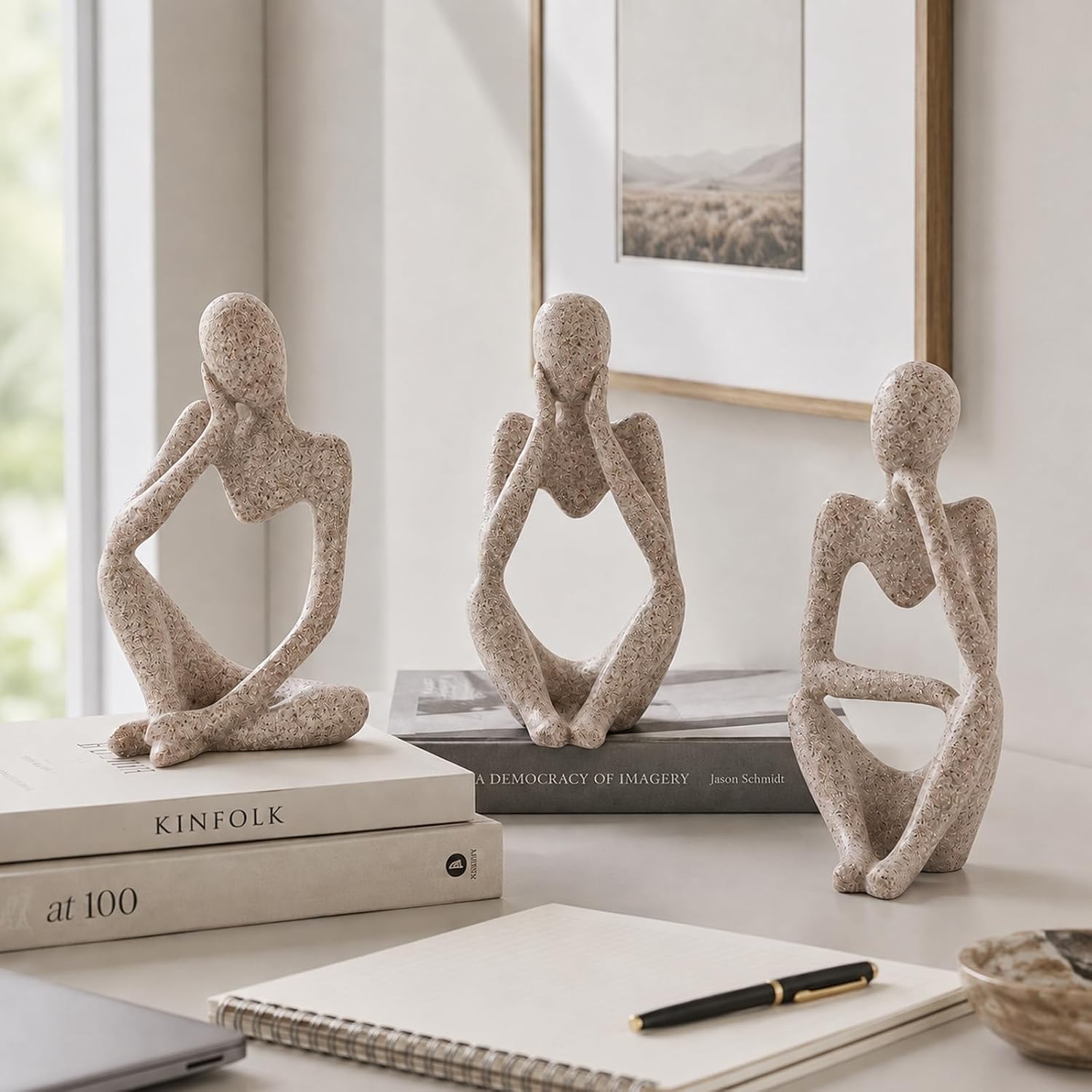 Thinker Statue Set of 3, Sandstone Abstract Resin Sculptures