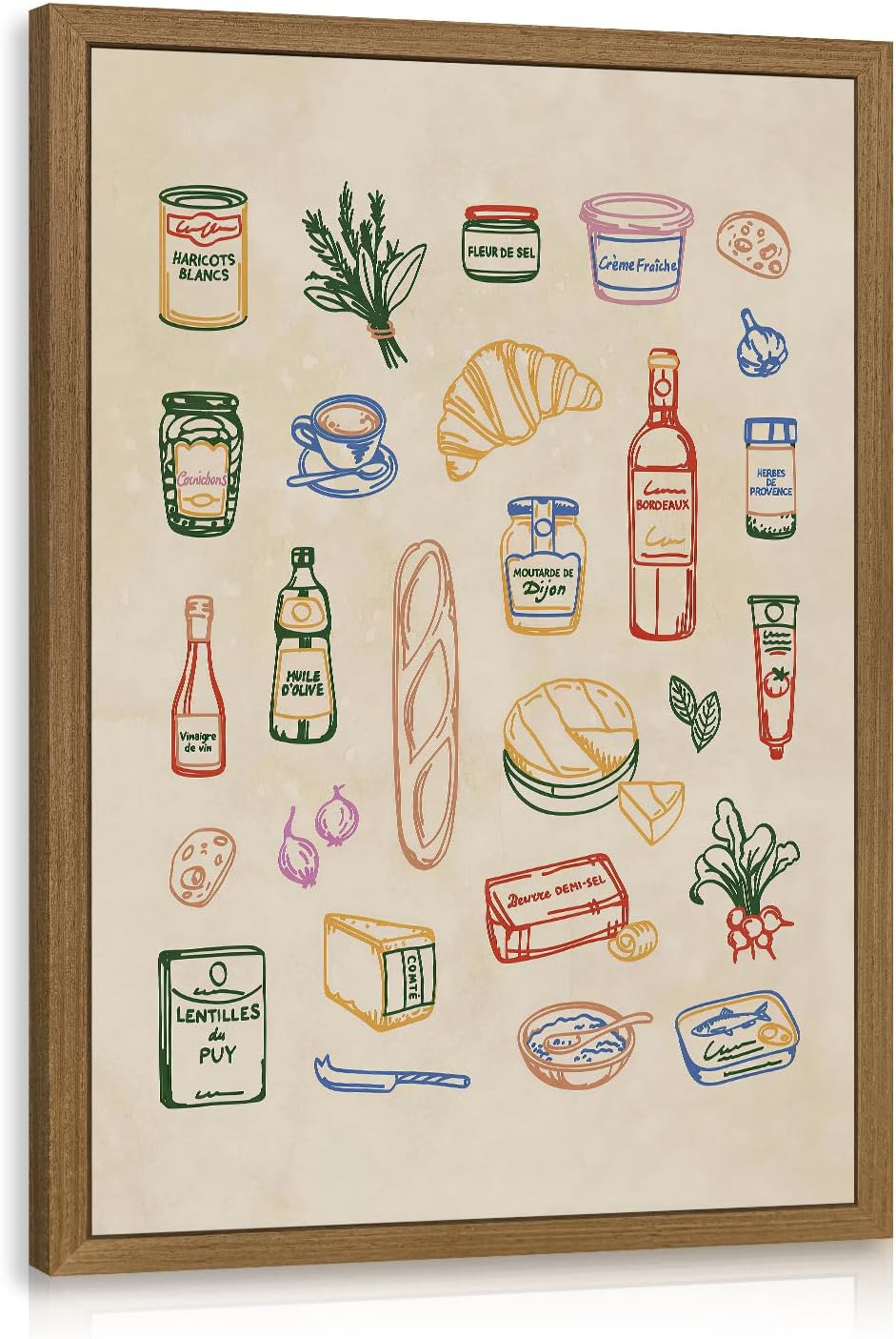 Dynazo Vintage Kitchen Wall Art, Paris Bistro Food and Drinks Illustration Print, Framed