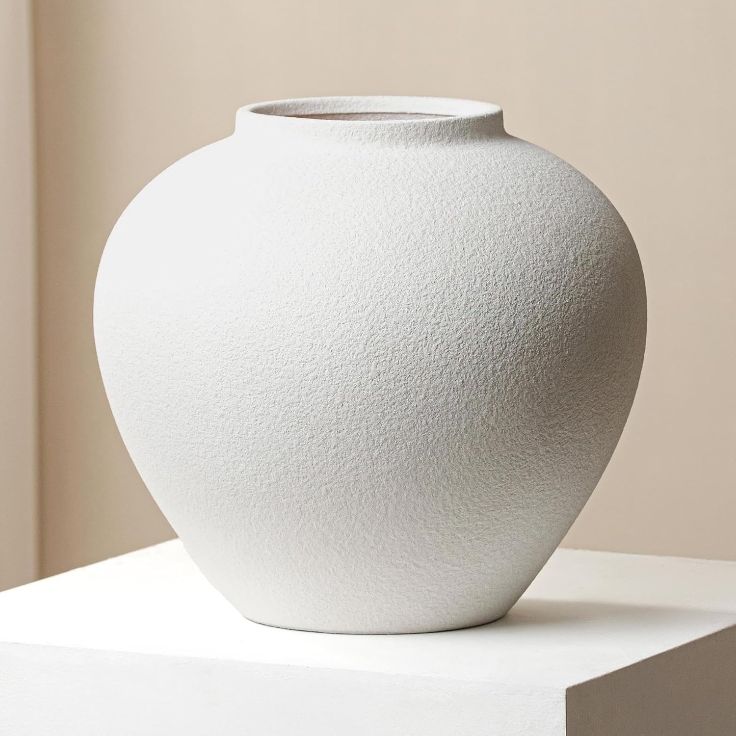 Large Ceramic Flower Vase, 11 Inch Rustic Round White Vase for Centerpieces