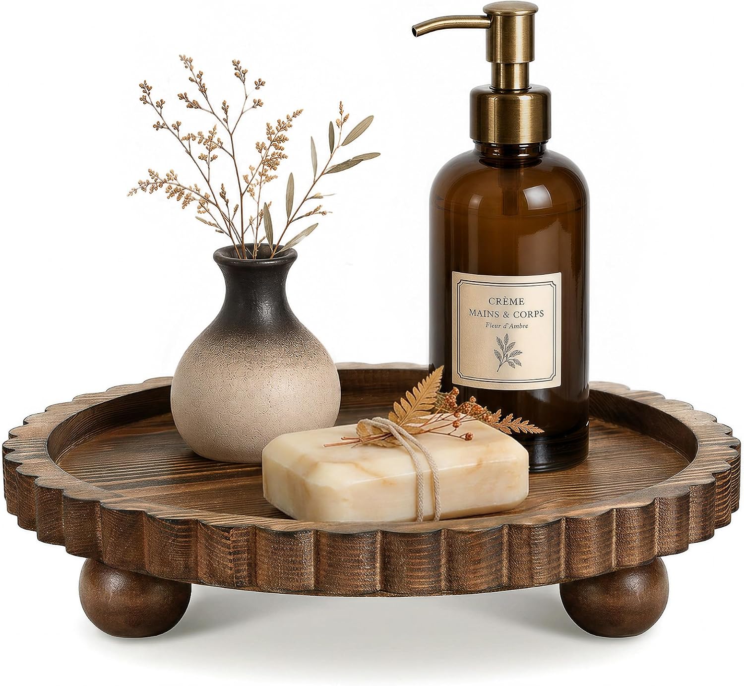 EOSAHR Round Wooden Decorative Tray, Vintage Rustic Accent, Brown