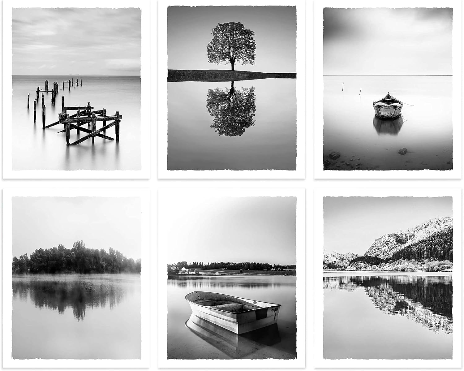 Black and White Nature Landscape Prints Wall Art Set, Lake Scenes, Unframed