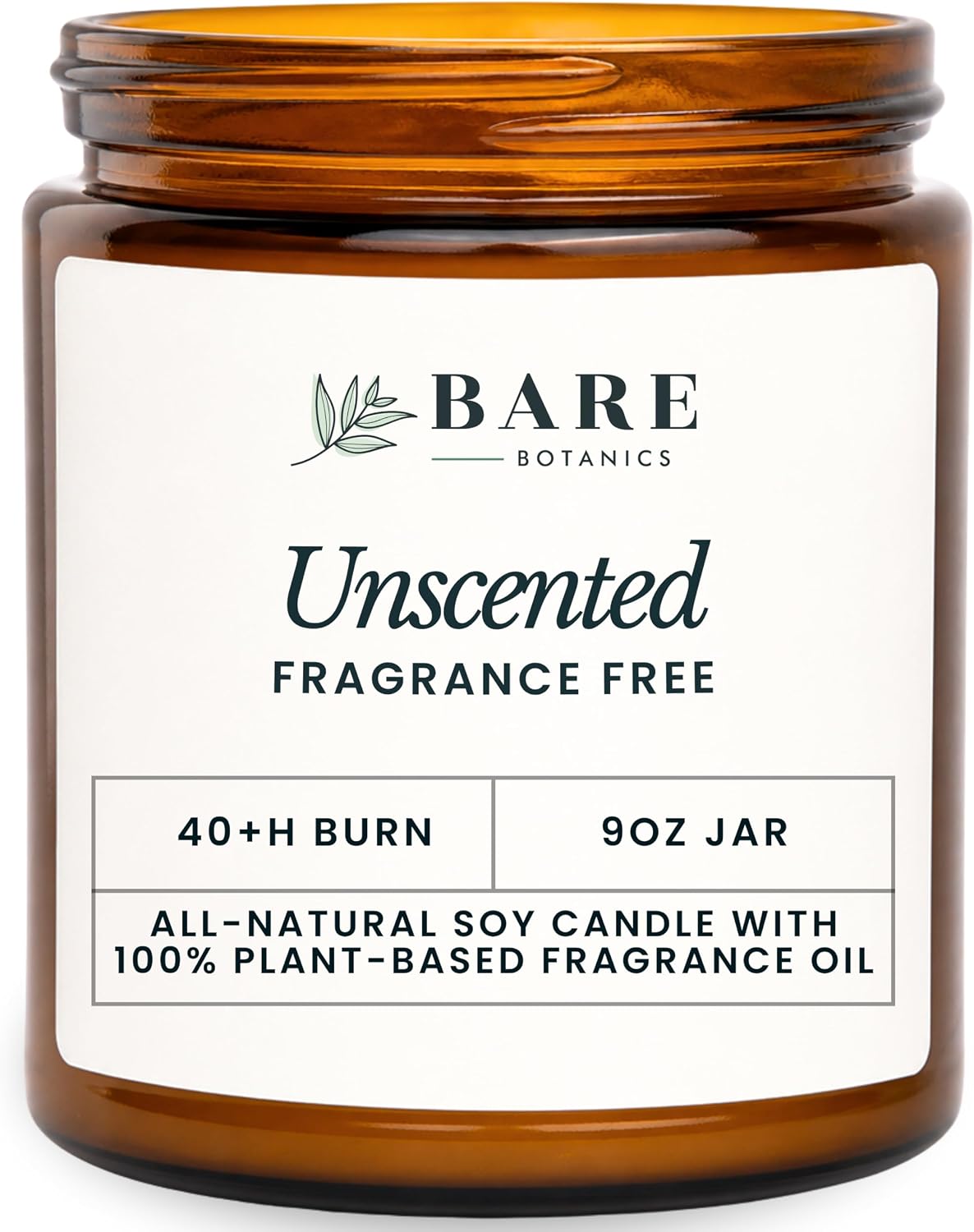 Bare Botanics Unscented Soy Candle, 9 oz, Non Toxic, 40 Plus Hour Burn