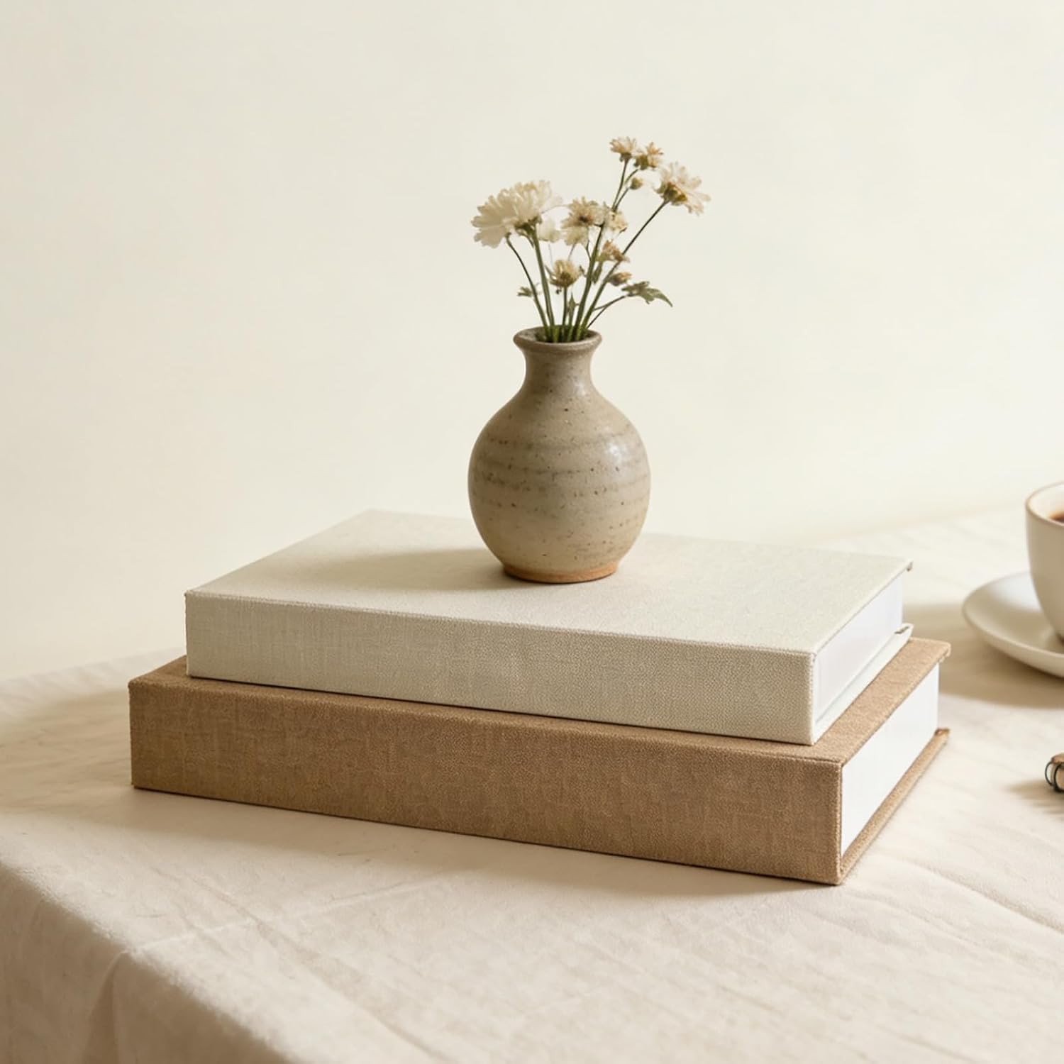 Decorative Books Set of 2, Linen Fabric Faux Book Boxes for Coffee Table Styling