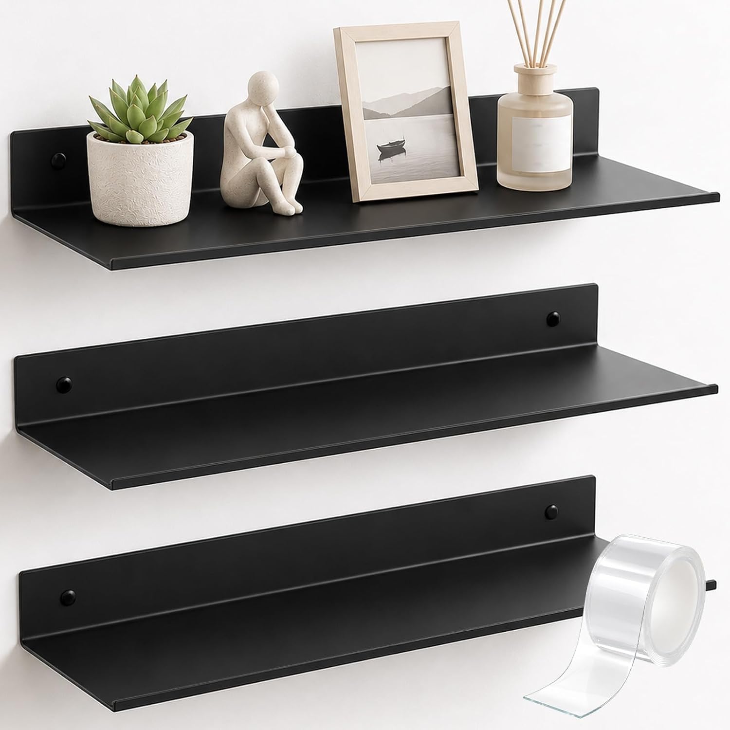 3 Pcs Black Floating Shelves for Wall, 15.7 Inch, Adhesive with Tape