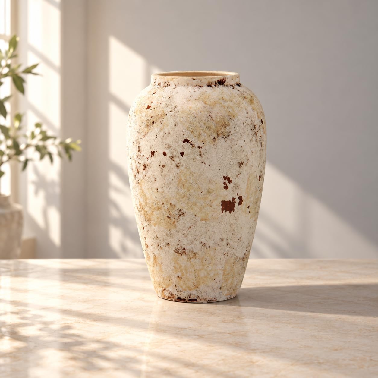 Tall Ceramic Jar Vase, 11 Inch Rustic Textured Decorative Vase