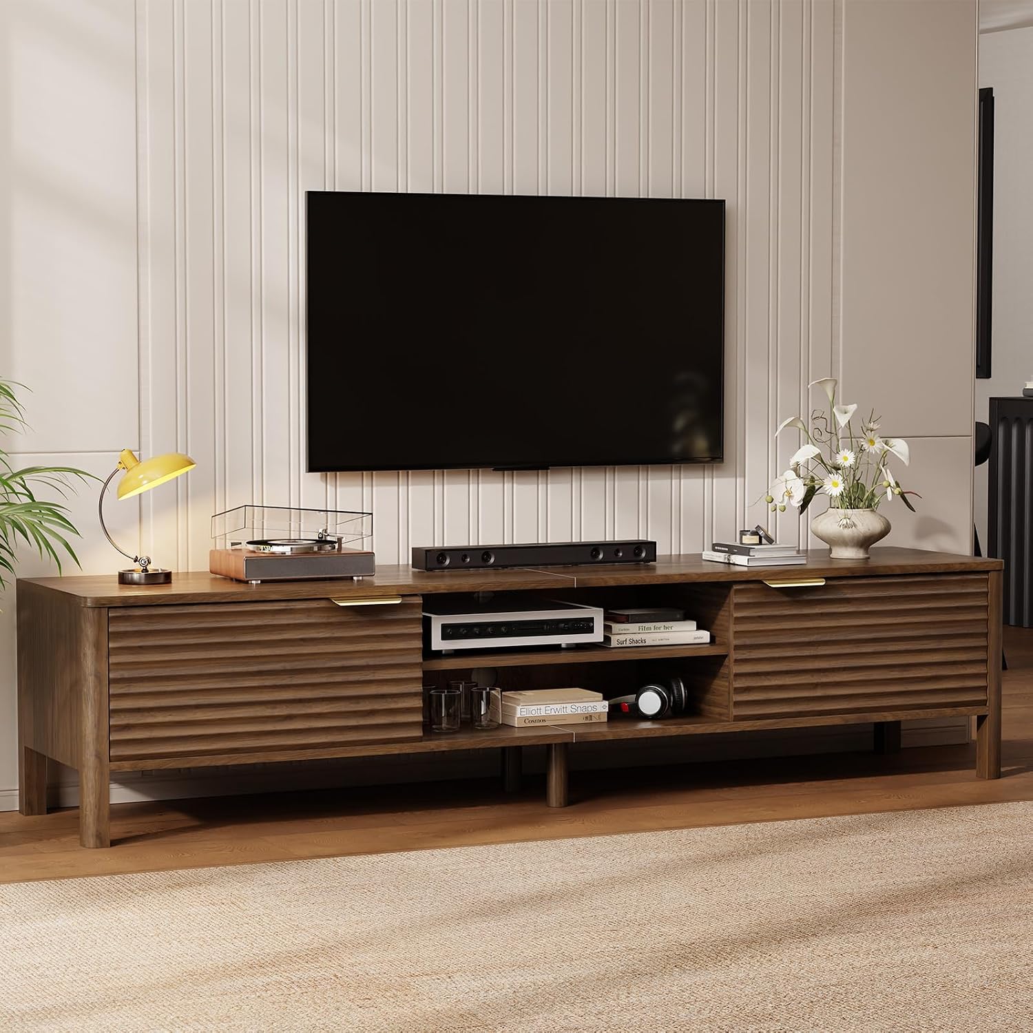 TV Stand for Living Room, Fits TVs up to 80 Inch, Walnut Entertainment Center, 71 Inch