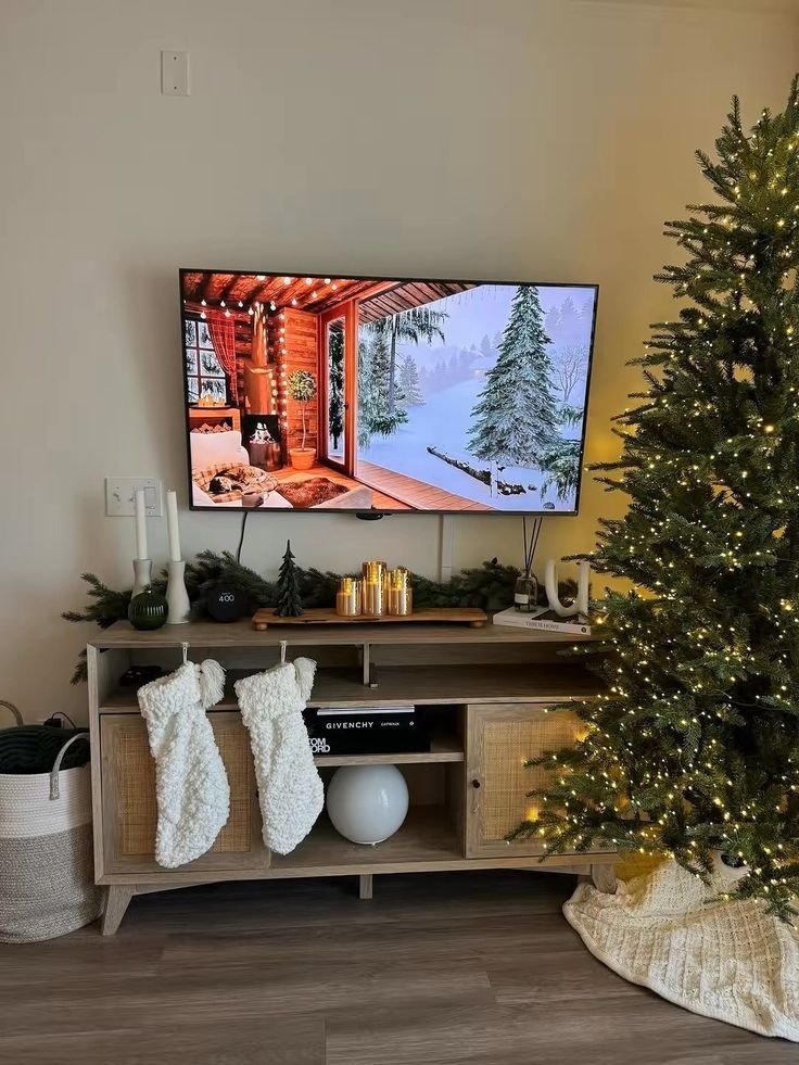 Seasonal decor styled on a TV stand for a fresh seasonal update