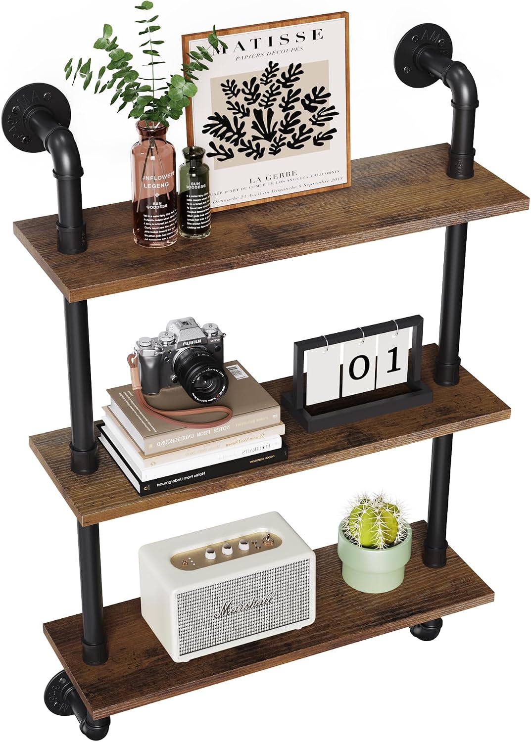 Merapi 3 Tier Rustic Floating Shelves with Industrial Pipe Brackets