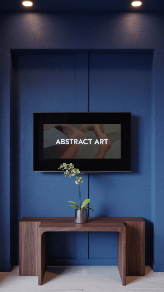 Bold dark accent wall behind a mounted TV