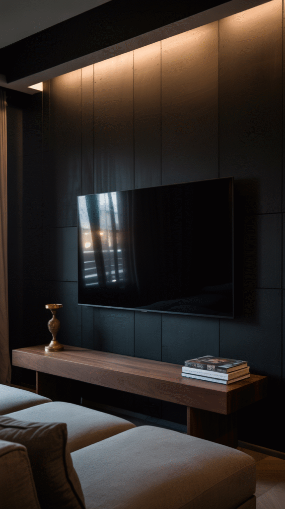 Dark painted wall behind a TV for a dramatic movie-night feel