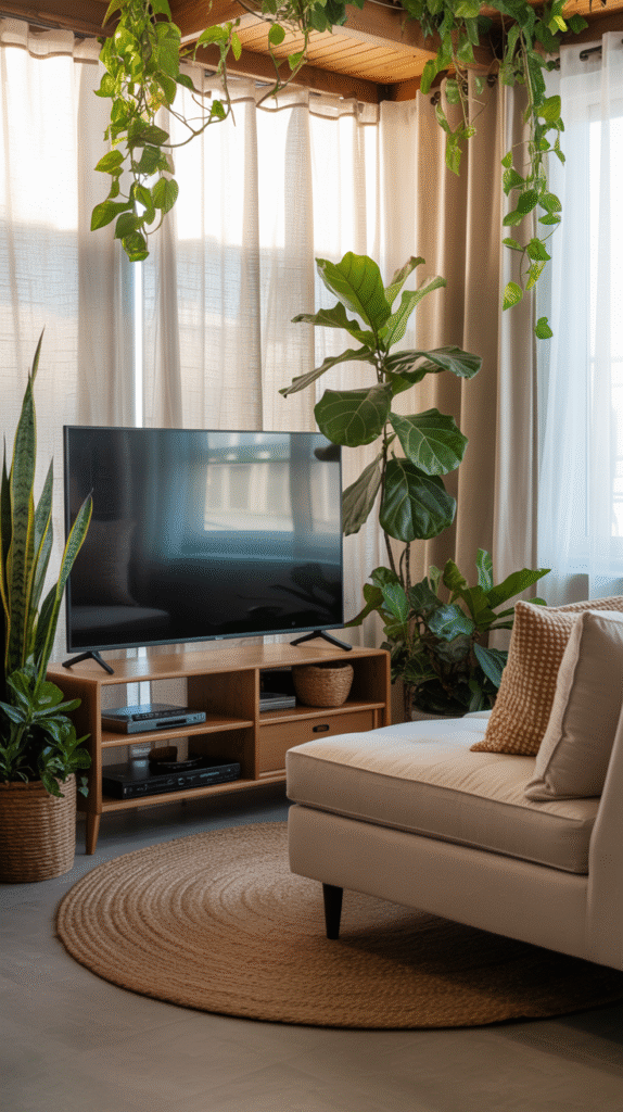 Plants framing a mounted TV wall setup