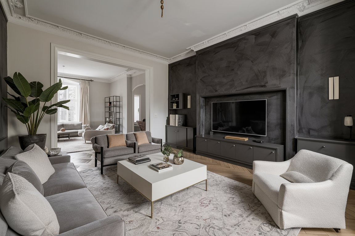 Sophisticated living room with a TV mounted on a dark textured accent wall