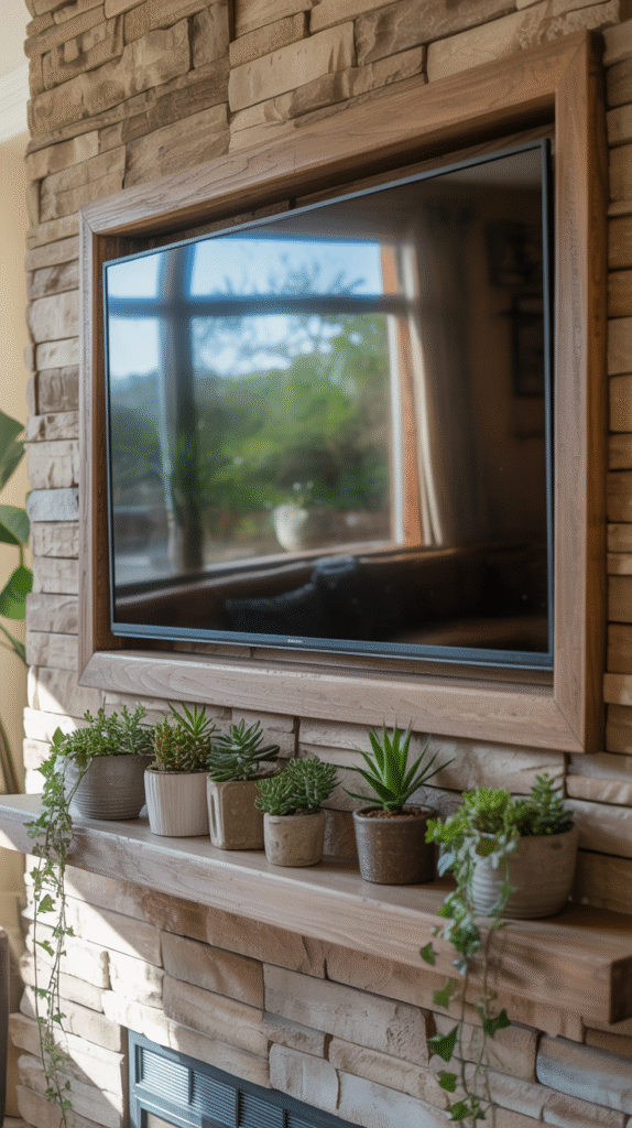 Natural wood and plant elements layered around a TV wall setup